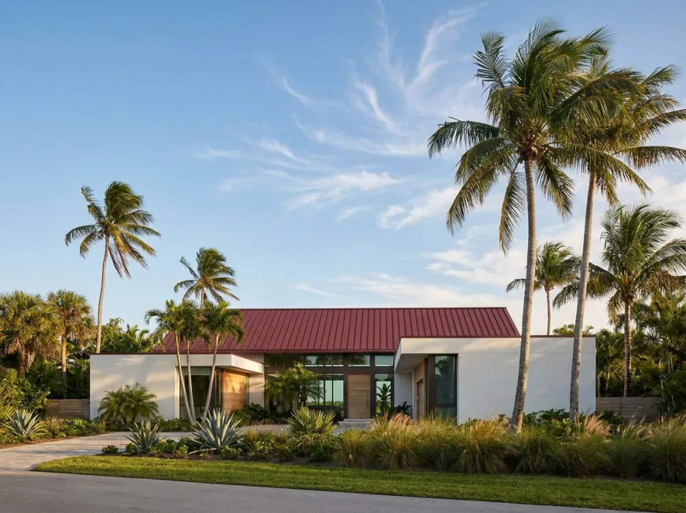 Modern home with a dark red standing-seam metal roof