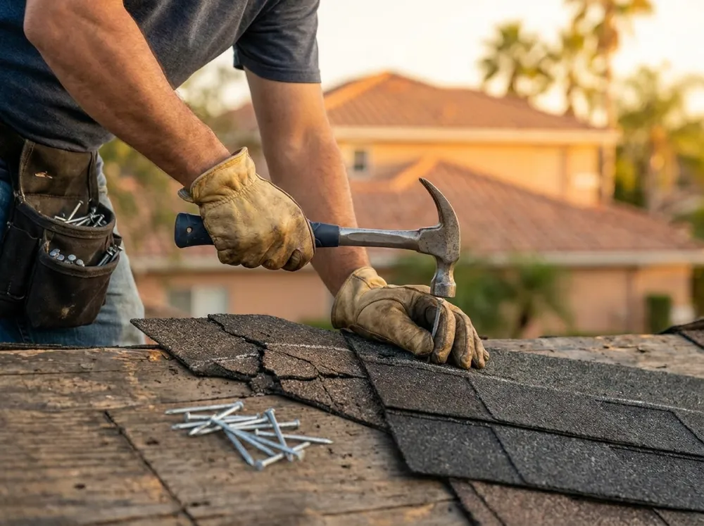 Roofer replacing damaged asphalt shingles by hand
